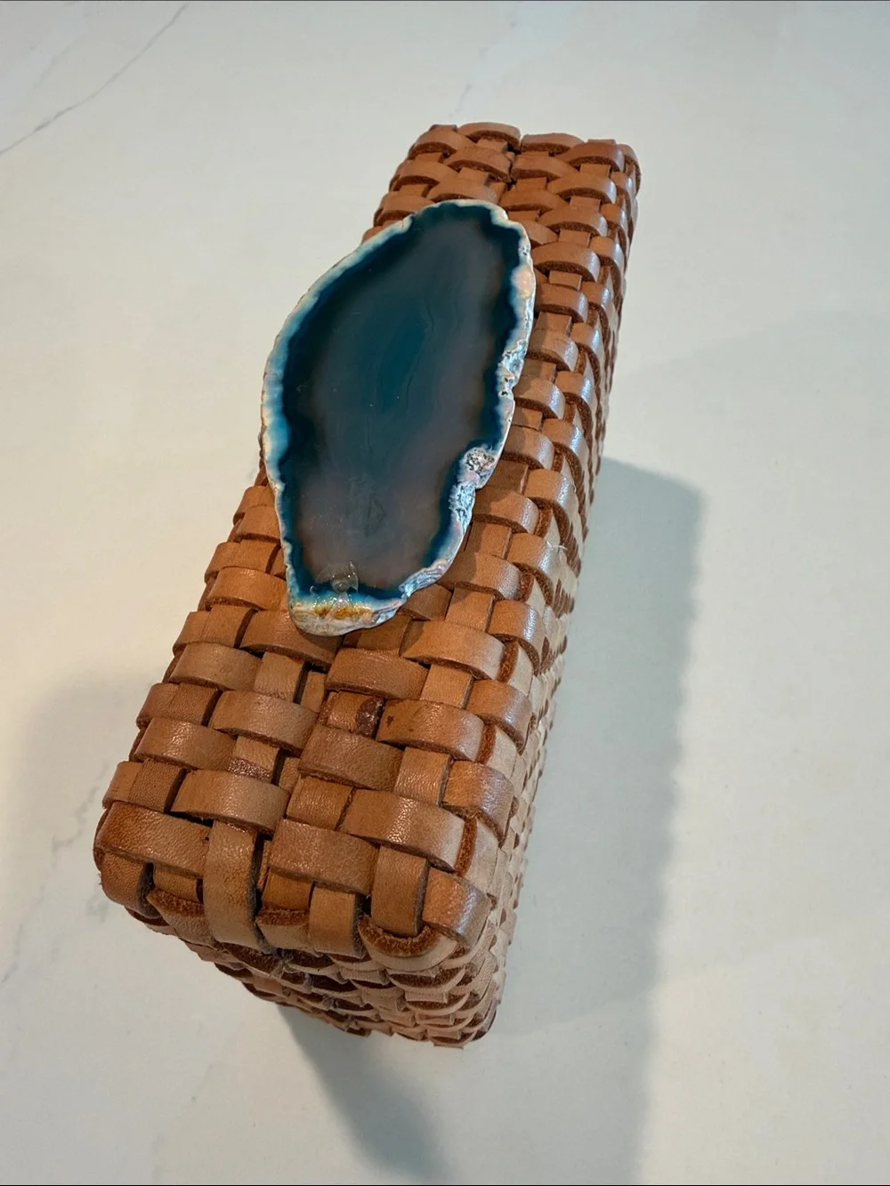 Woven Tan Leather Phone Case with Blue Agate Accent